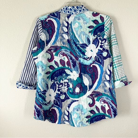 HABITAT Patchwork Button Up Shirt Blouse S Artsy Vacation Spring Boho Lagenlook - Picture 10 of 12